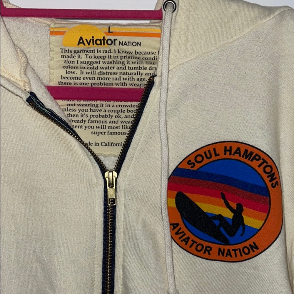 Aviator Nation Cream Zip Hoodie with Multicolor Soul Hamptons Patch